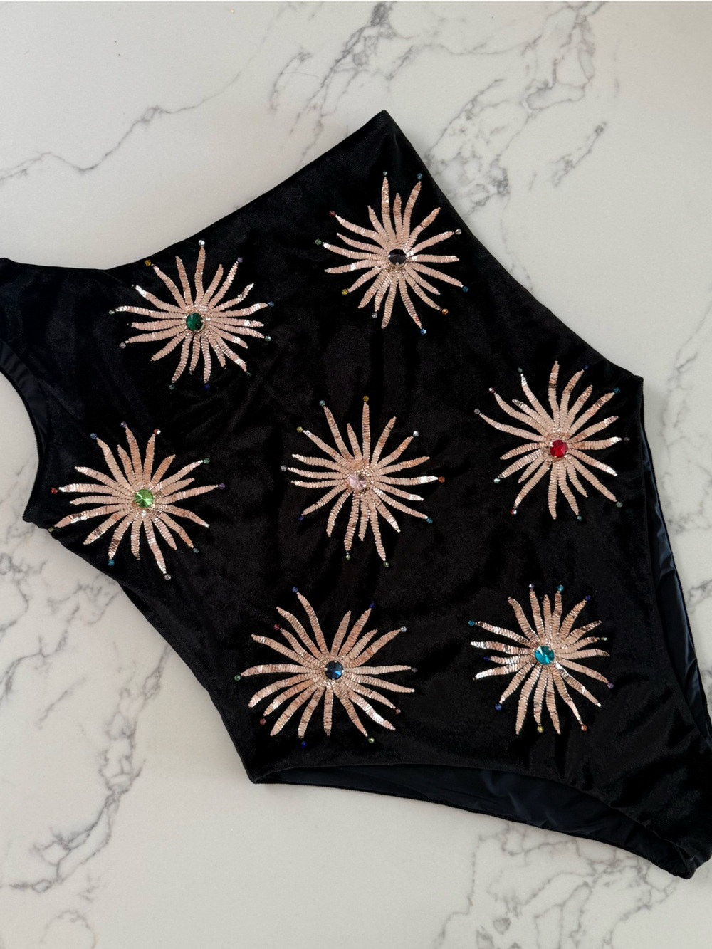 One-Shoulder Black Embellished Sunburst One-Piece Swimsuit - Picture 2 of 7